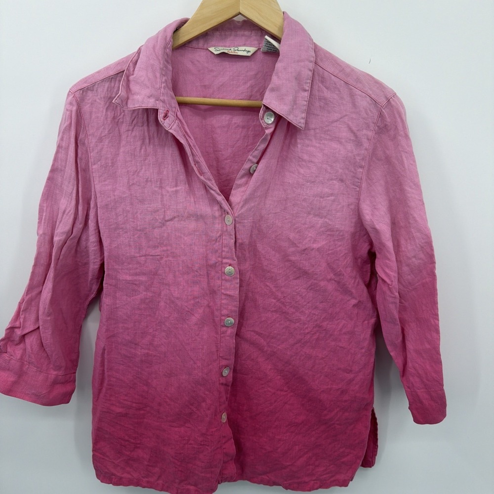French Laundry Relaxed Pink Ombre Linen Button Down Blouse Petite M Coastal Vibe